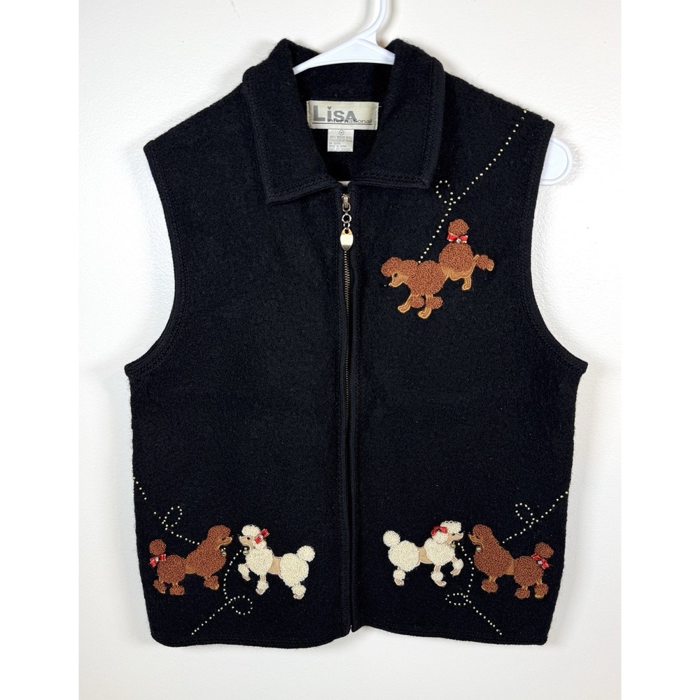Vintage 90s Lisa International Black Boiled Wool Zip Up Poodle Dog Vest Womens M